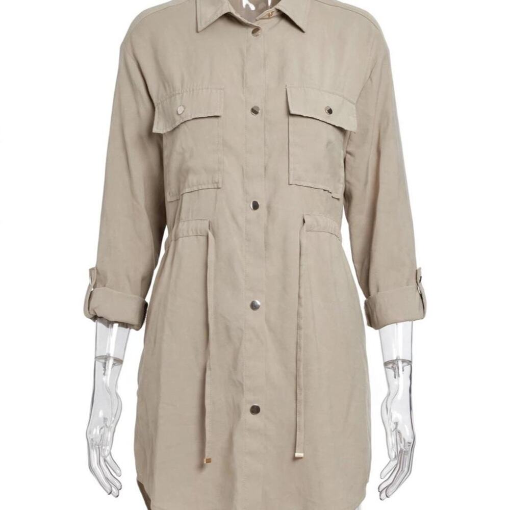 Zara Shirt Dress Womens S Khaki  Utility Safari Shacket Snap Button Drawstring